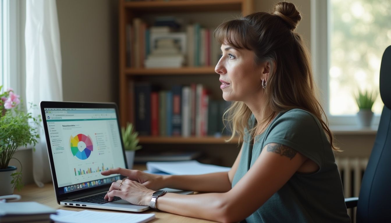 A woman works intently on her laptop at a cluttered home office desk. Colorful business analytics dashboard on laptop screen, woman working on data visualization, digital marketing, or tech innovation, featuring charts and graphs for strategic insights.