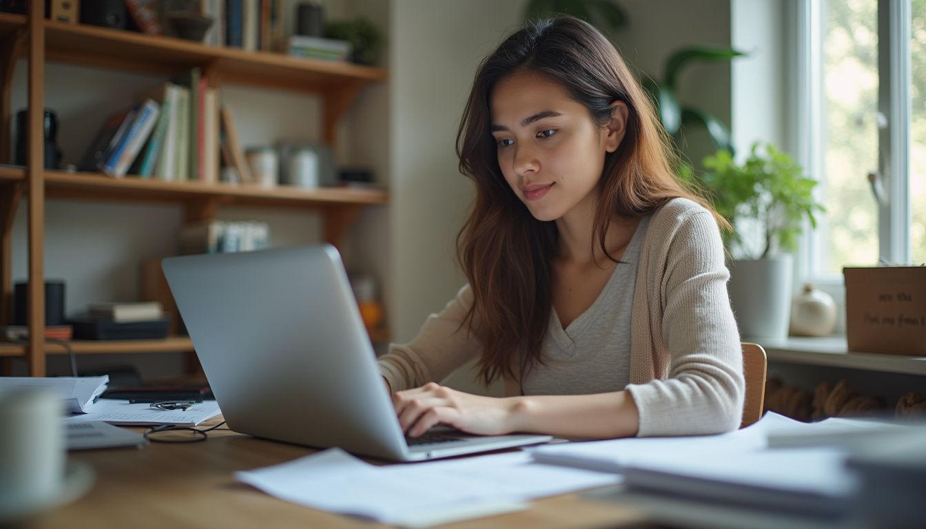 A woman works on her laptop in a lived-in home office with a few papers around. Young woman working on a laptop in a cozy home office setting with natural light, surrounded by books and documents, ideal for tech work, studying, or remote work.