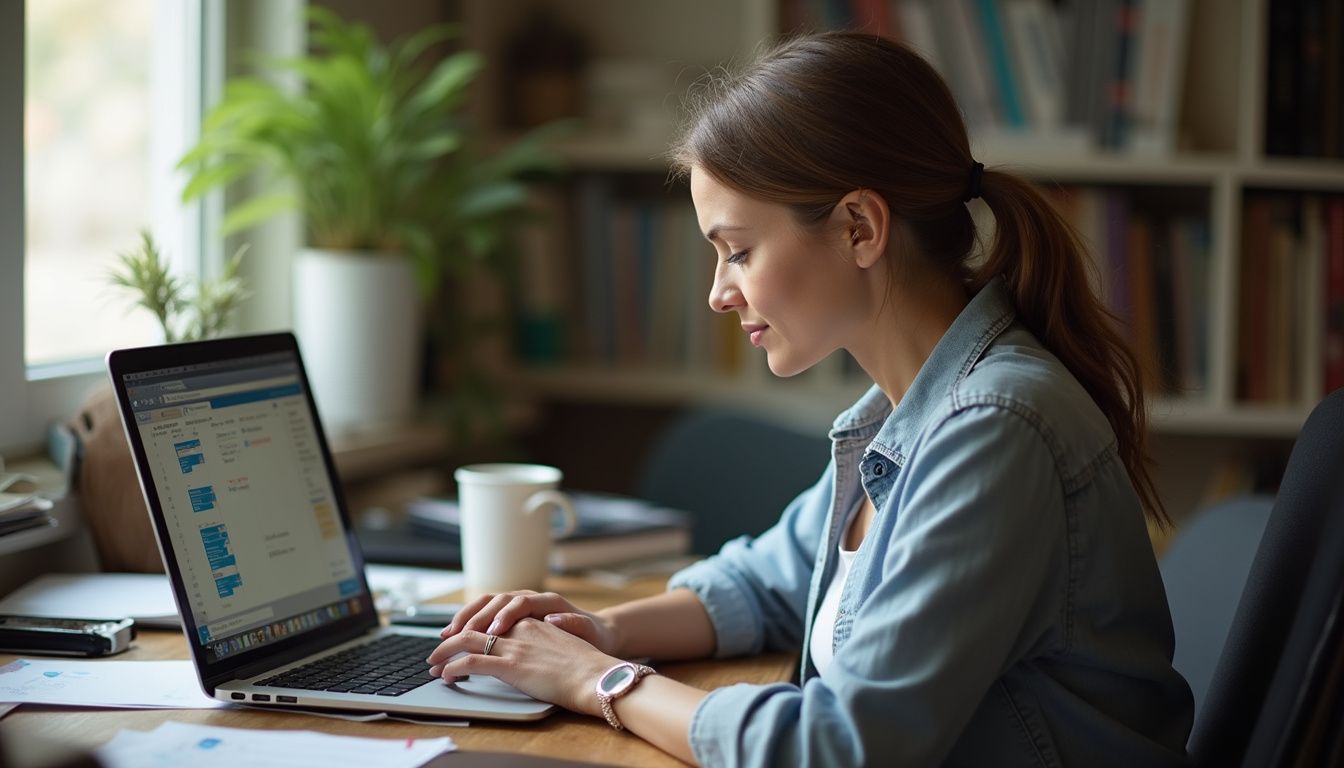 A woman concentrates on her laptop at a home office desk with coffee nearby. Responsive workspace with woman working on a laptop at home, digital devices, and productivity tools for tech-savvy professionals.