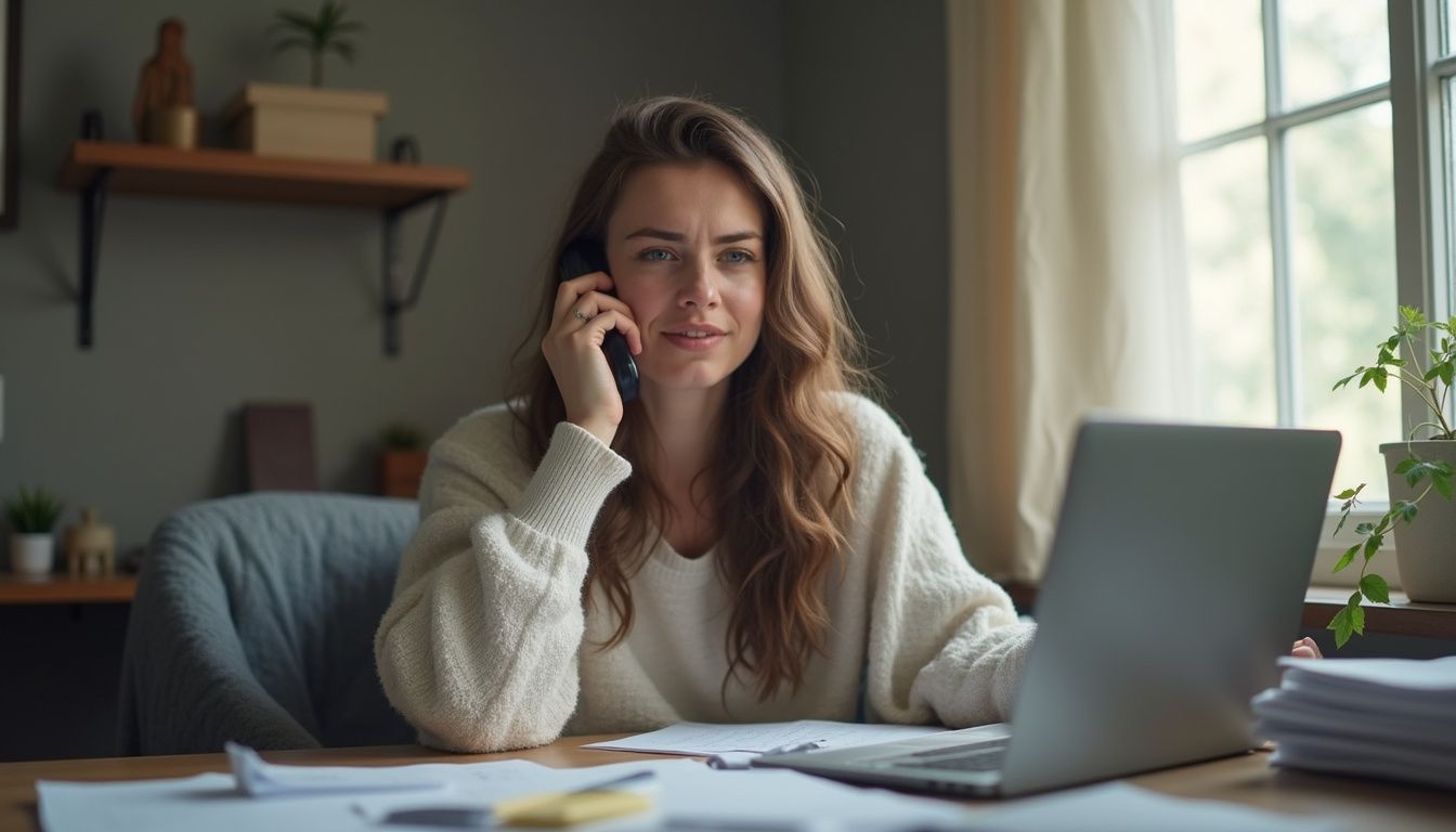 A woman struggles with a customer support call at a cluttered desk. Female office worker talking on phone at her desk, using laptop and working from home, casual professional setting, natural light, focused and engaged expression, modern work environment, lifestyle.