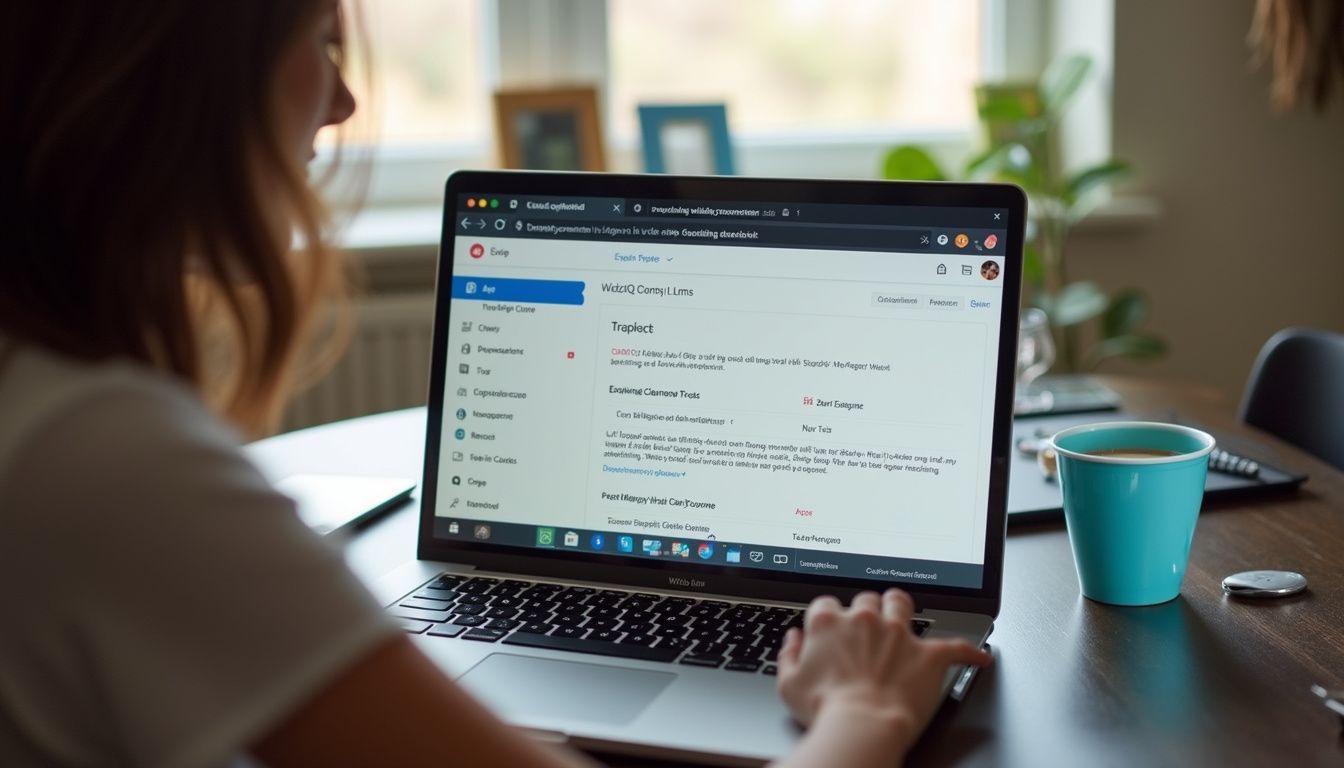 A person sits near a laptop that shows the WizIQ LMS interface in a casual setting. Laptop screen displaying a website with text about wedding ceremonies and elements.