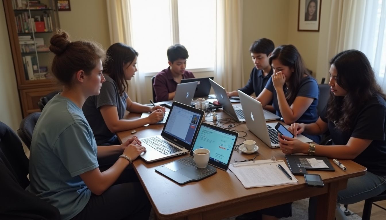A casual home workspace with people focused on devices and scattered papers, showing a typical remote workday. Brainstorming meeting of diverse team working on laptops in a conference room for tech innovation and collaboration.