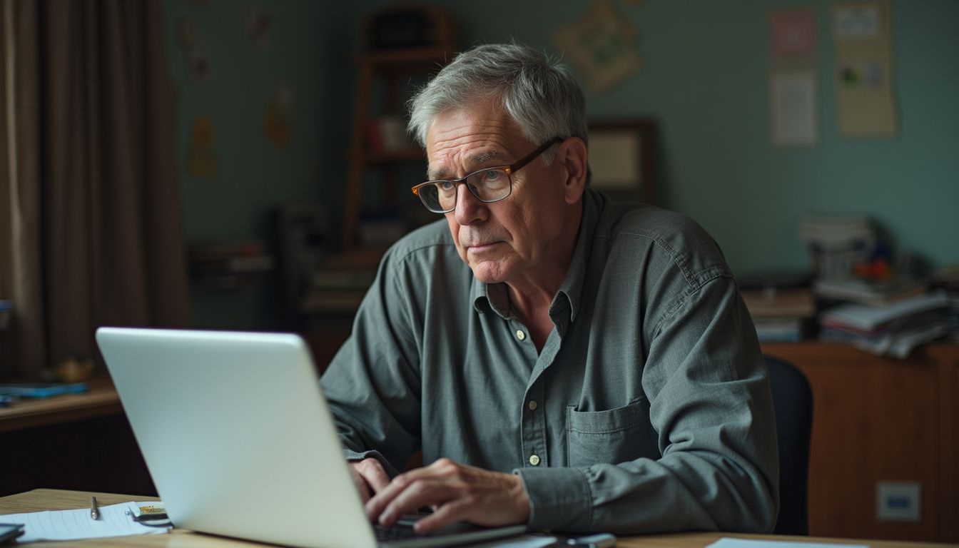 A frustrated teacher at a cluttered desk, staring at a blank laptop screen. Elderly man working on a laptop, focused and serious, in a cozy home office setting with books and documents, representing tech-savvy seniors and home-based digital work.