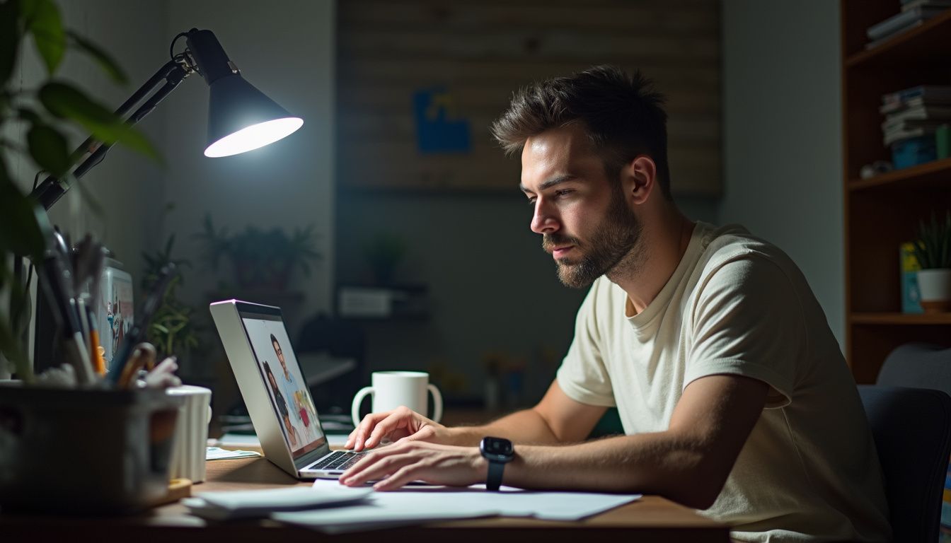 A man focuses on a laptop during a video call at a busy home desk. Focused young man working on a laptop at home office during evening, surrounded by tech gadgets and books, emphasizing productivity and modern workspaces.
