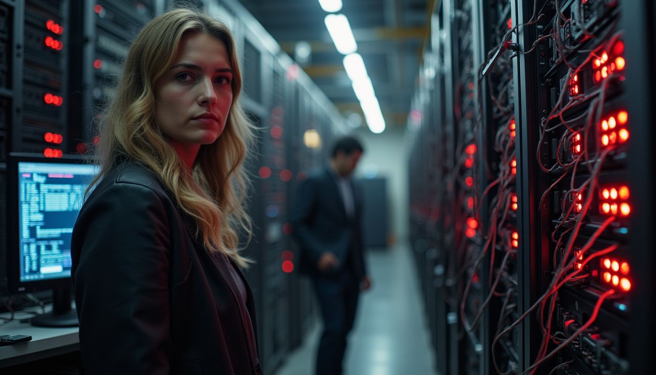 A busy server room with blinking lights, wires, and a tired person nearby. High-tech data center with server racks and professionals managing IT infrastructure, emphasizing cutting-edge technology and network security.
