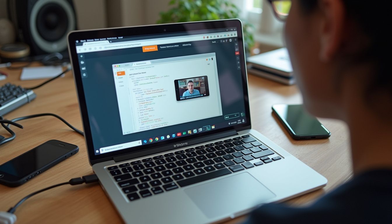 A desk with a laptop running a virtual class, a messy script, and a charging phone. Remote work setup with a laptop displaying video call and coding interface, surrounded by mobile devices and audio equipment on a tidy wooden desk.
