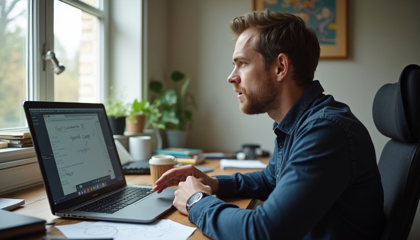 A man joins an online class from a cluttered home office. Professional man working on a laptop, demonstrating tech innovation and productivity in a modern workspace. Ideal for technology, workspace, and productivity keywords.