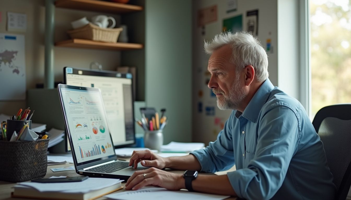 A man looks at complicated charts on his laptop in a crowded home office. Analytics professional working on financial graphs on laptop in modern office environment.