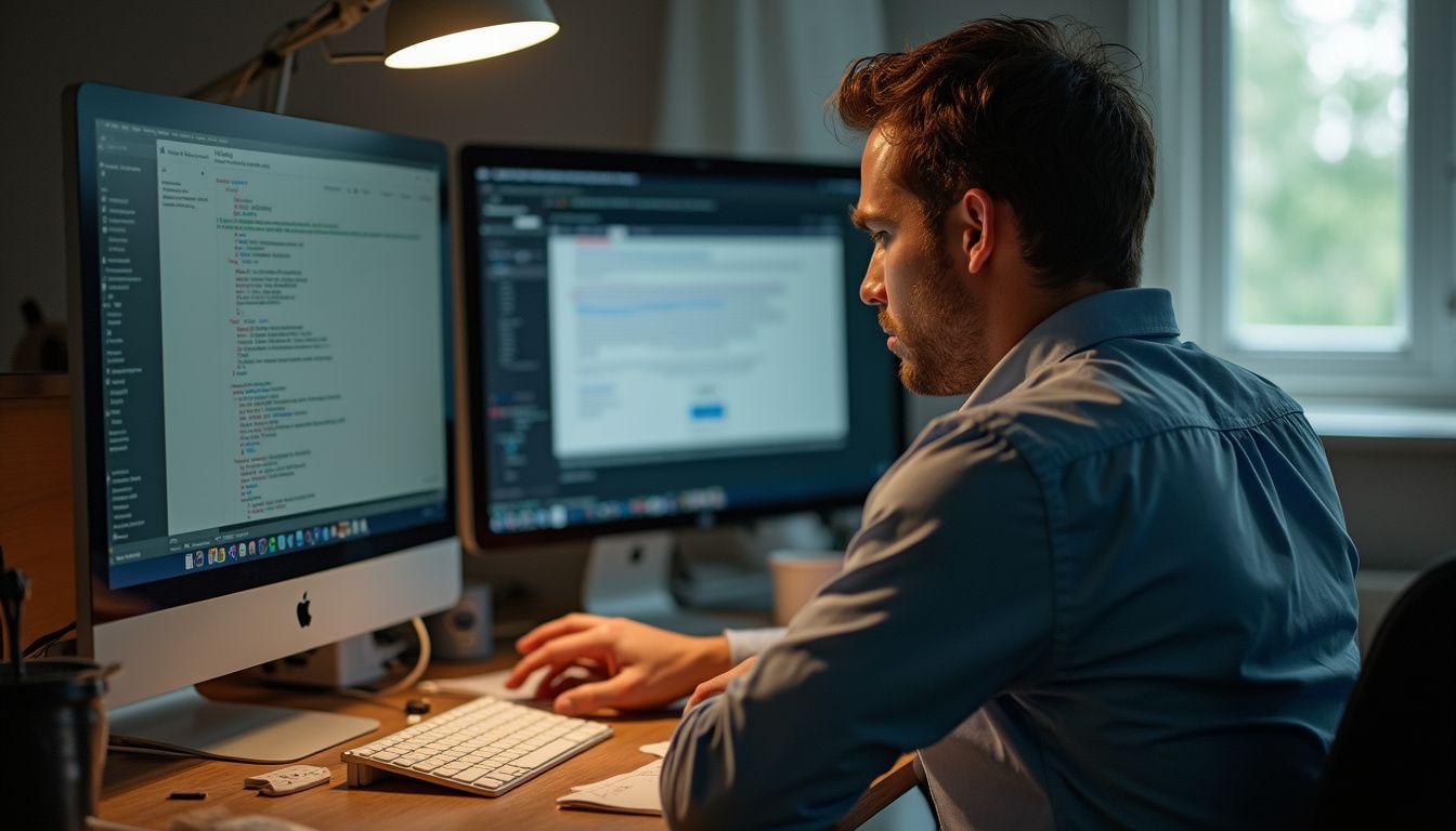 A tired man in office attire sits at a messy desk, frustrated by a computer error. Coding environment with dual monitors showing programming and email screens, man working on computer, home office setup, focused software developer working from home, tech workspace for developers, professional workspace setup for programming, optima keywords for tech and programming.
