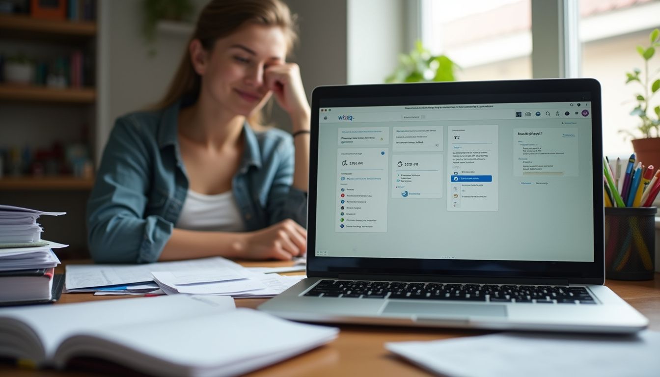 A cluttered home office with an open laptop showing a learning platform, capturing remote work life. Laptop with financial or project management software on screen, woman at desk with paperwork, workspace with natural light, studying or working from home, productivity, tech and finance.