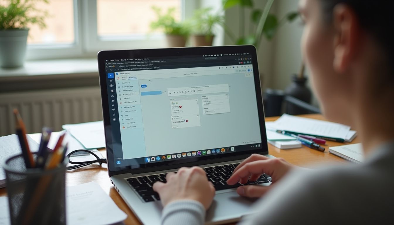 A person works on a laptop at a cluttered desk with an online course open. Auto-repair tools, tech gadgets, and digital workspace on a laptop with a person working at a desk, showcasing modern geek lifestyle and innovative technology solutions.