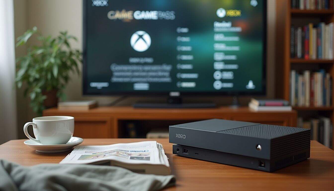 A casual living room features an Xbox console displaying Game Pass options on a smart TV amidst everyday clutter. A casual living room features an Xbox console displaying Game Pass options on a smart TV amidst everyday clutter.