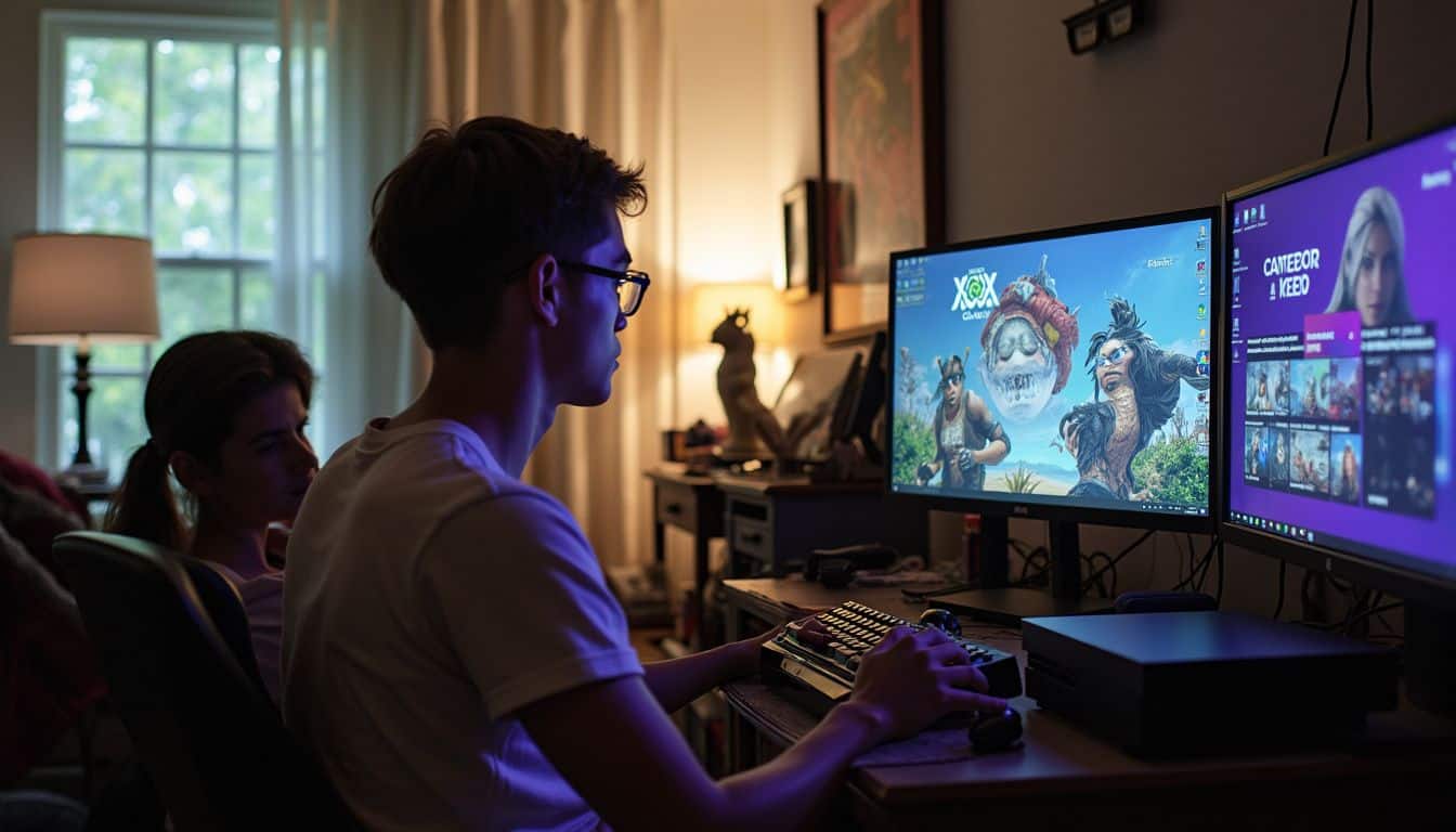 A relaxed person enjoys gaming on a console and a computer in a cozy, lived-in living room. A relaxed person enjoys gaming on a console and a computer in a cozy, lived-in living room.