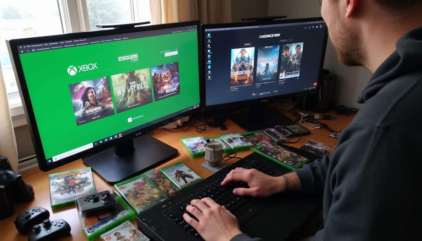 A messy desk with a monitor displaying Xbox Game Pass and GeForce Now, surrounded by game cases and controllers. A messy desk with a monitor displaying Xbox Game Pass and GeForce Now, surrounded by game cases and controllers.