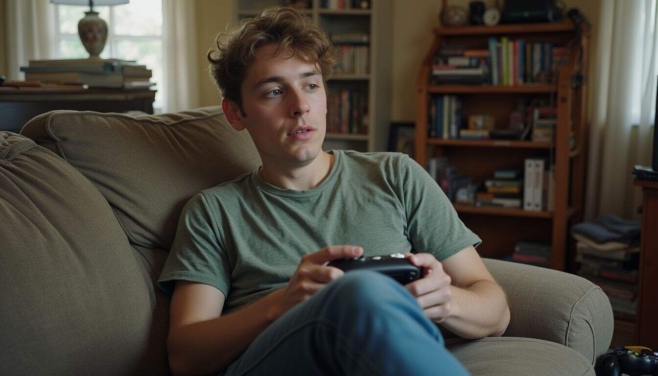 A guy in his mid-20s casually plays Xbox in a cluttered, lived-in living room. A guy in his mid-20s casually plays Xbox in a cluttered, lived-in living room.