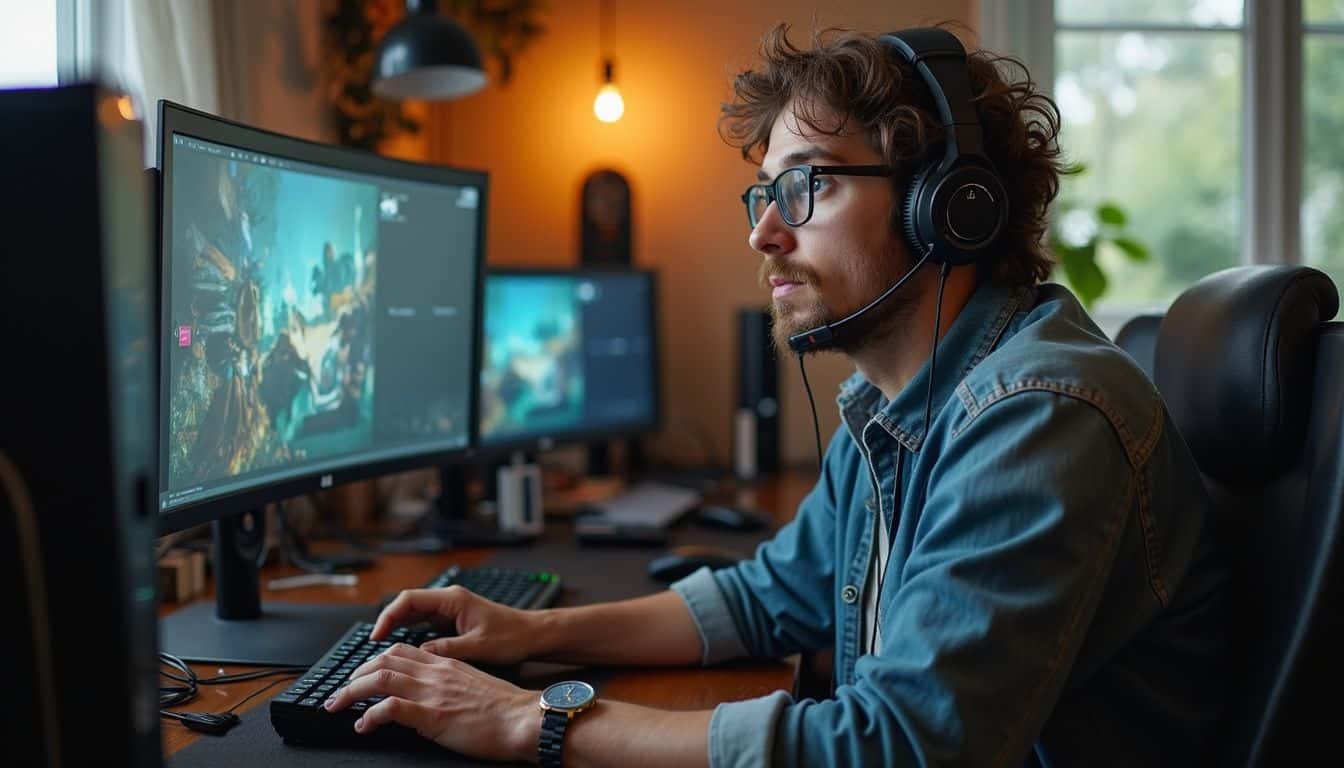 A man in his thirties enjoys gaming on his PC amidst a cluttered desk filled with gaming gear. A man in his thirties enjoys gaming on his PC amidst a cluttered desk filled with gaming gear.