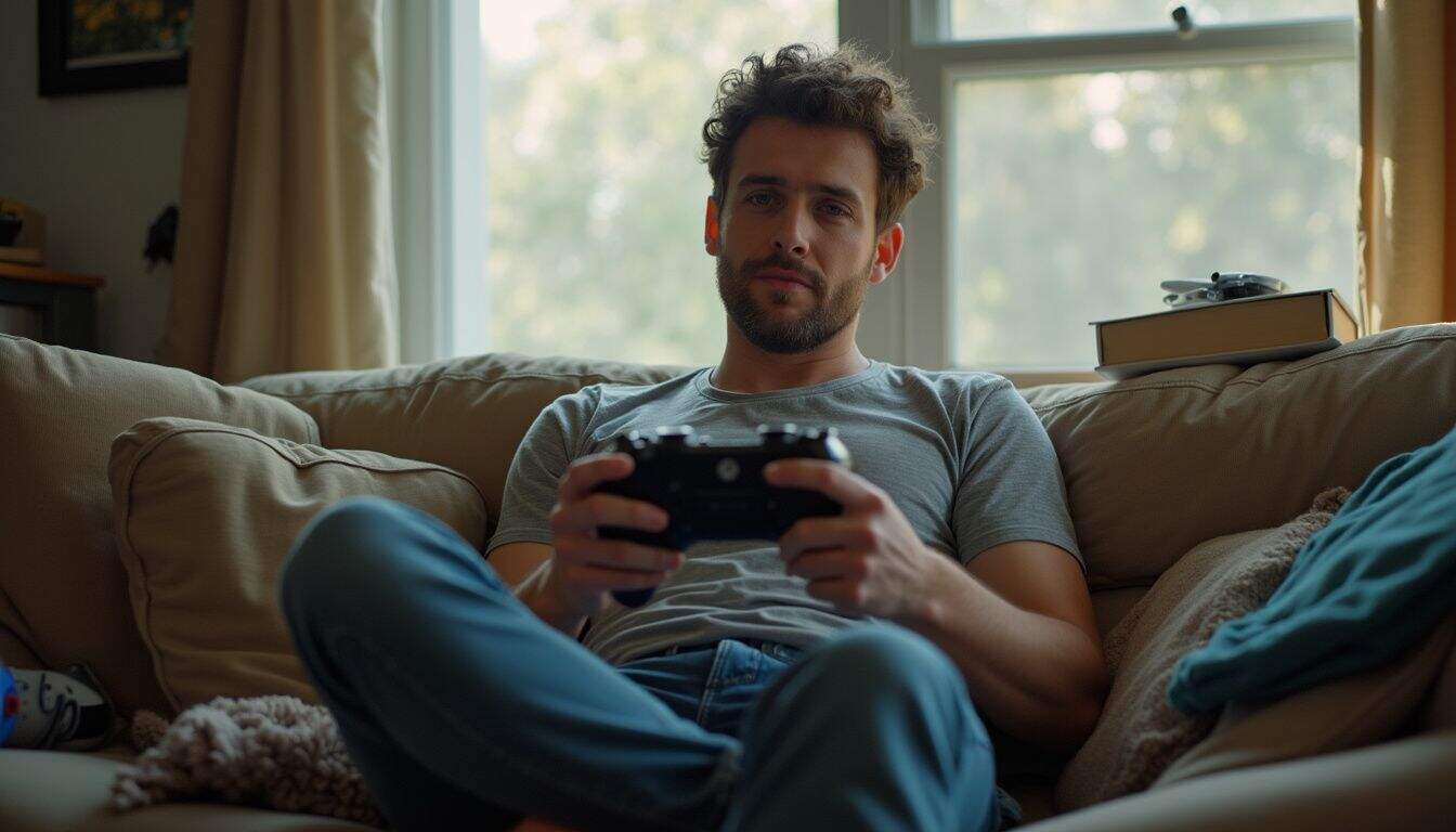 A casually dressed guy in his late 20s relaxes on a couch, focused on playing an offline Xbox game. A casually dressed guy in his late 20s relaxes on a couch, focused on playing an offline Xbox game.