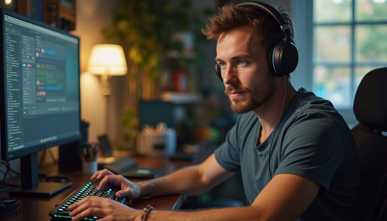 A focused man in his mid-30s plays a game in a cluttered, lived-in home office. A focused man in his mid-30s plays a game in a cluttered, lived-in home office.