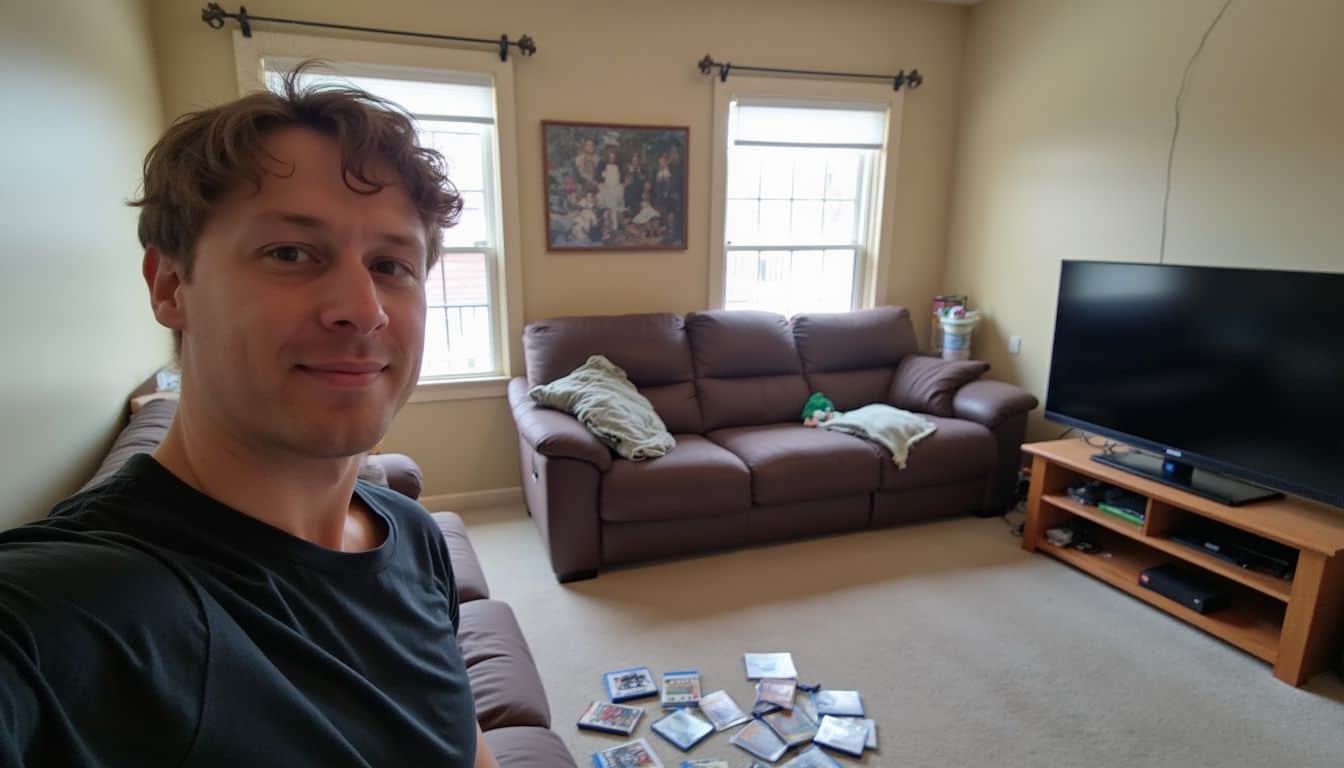 A cozy, lived-in living room features a casual couch, gaming console, and scattered game cases, reflecting everyday life. A cozy, lived-in living room features a casual couch, gaming console, and scattered game cases, reflecting everyday life.