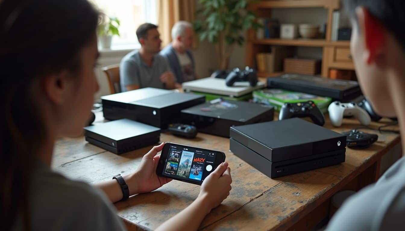 A casual snapshot of various gaming consoles and controllers on a cluttered wooden table in a relaxed home setting. A casual snapshot of various gaming consoles and controllers on a cluttered wooden table in a relaxed home setting.