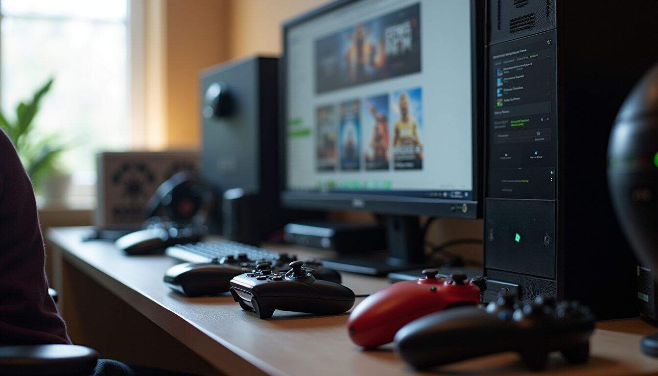 A casual gaming setup with scattered controllers and open game launchers, reflecting a lived-in and relaxed atmosphere. A casual gaming setup with scattered controllers and open game launchers, reflecting a lived-in and relaxed atmosphere.