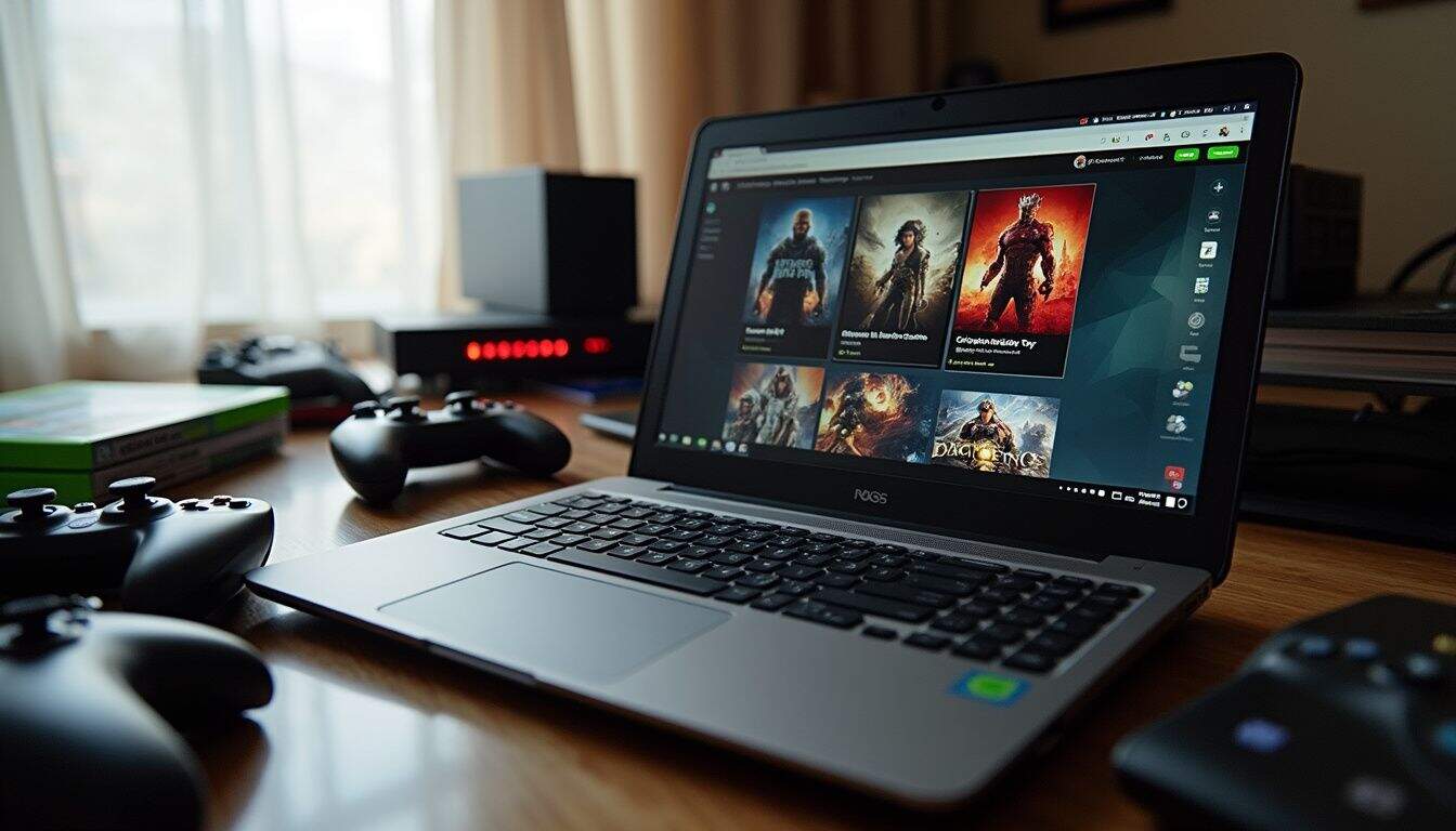 A cluttered desk featuring a laptop, game cases, controllers, and a modem suggests an avid gamer’s workspace. A cluttered desk featuring a laptop, game cases, controllers, and a modem suggests an avid gamer’s workspace.