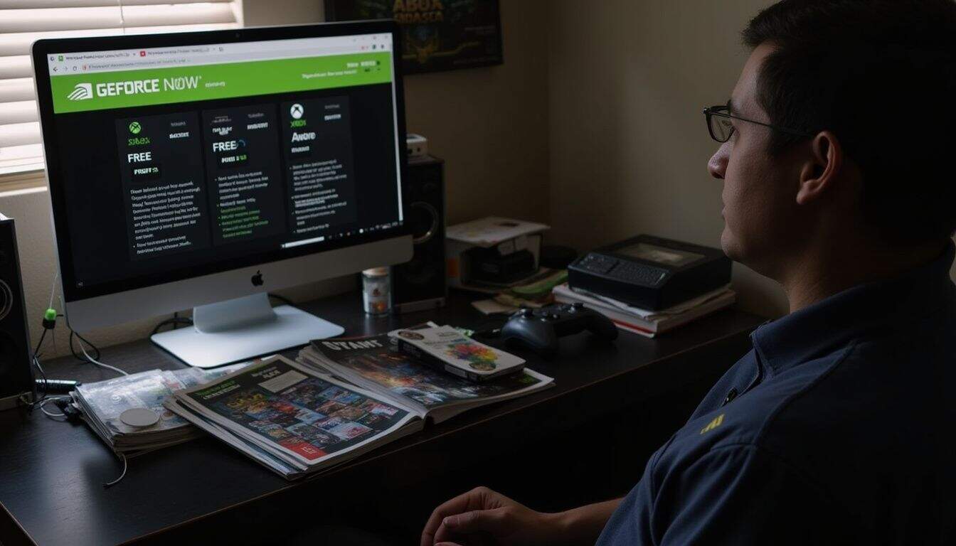 A casual workspace features a computer displaying GeForce Now plans, gaming magazines, and a game controller nearby. A casual workspace features a computer displaying GeForce Now plans, gaming magazines, and a game controller nearby.
