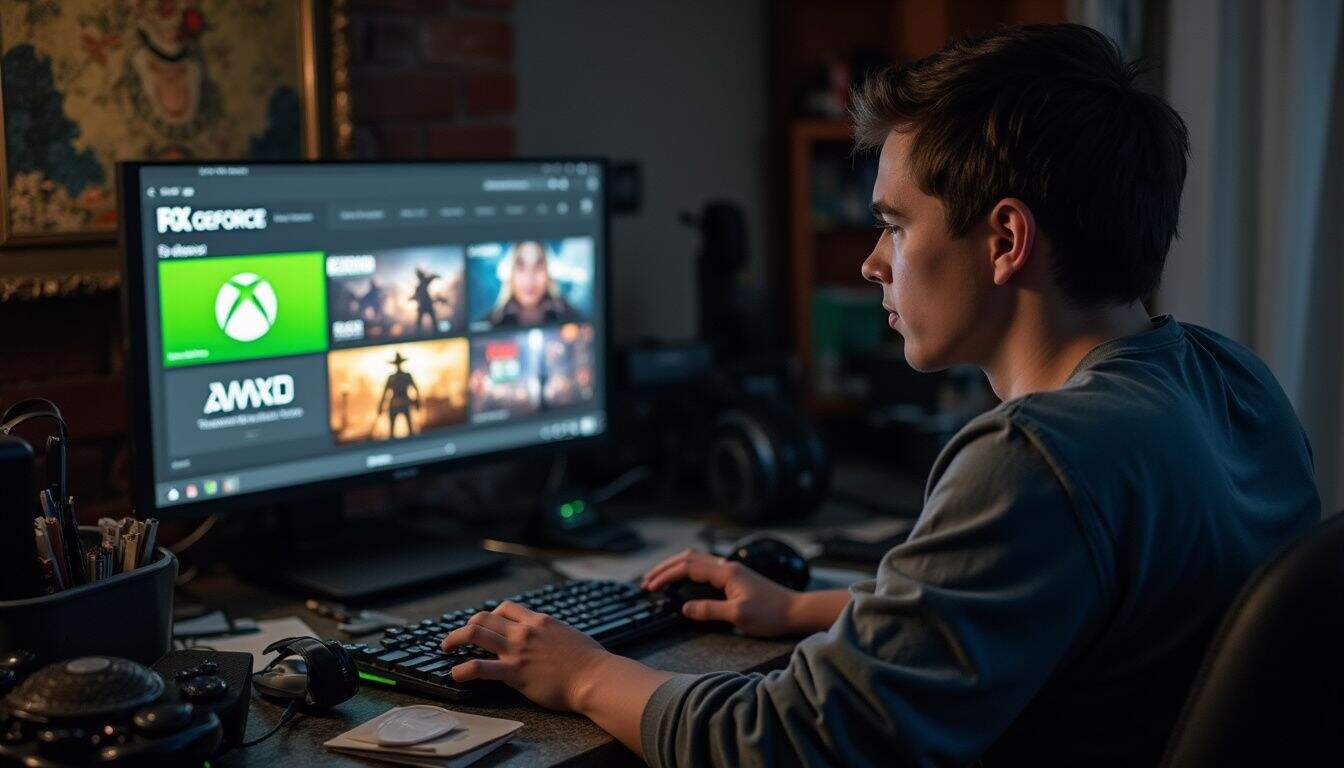 A young man sits at a cluttered desk, focused on his computer browsing Xbox Game Pass games. A young man sits at a cluttered desk, focused on his computer browsing Xbox Game Pass games.