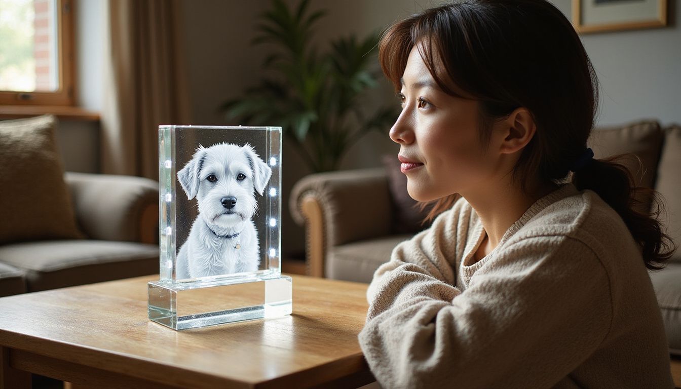 A person admires a detailed crystal pet portrait on a table. Acrylic dog photo frame with LED lights showcasing a picture of a dog on a wooden table in a cozy living room setting.
