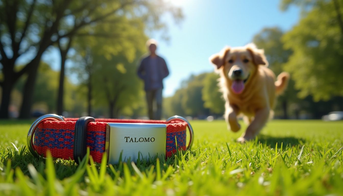 A vibrant dog collar rests on grass as a retriever plays nearby. Red dog collar with personalized name tag Talomo, canine pet accessories, outdoor dog play, vibrant collar for active dogs, dog leash for walks.