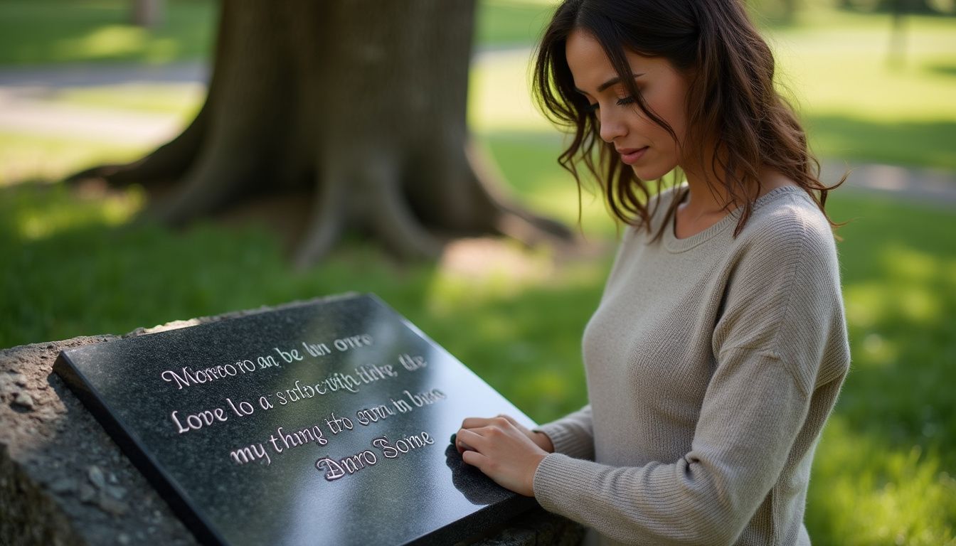 A woman mourns beside a polished black granite pet memorial plaque. Beautiful woman reading engraved message on a park bench in sunlight, enjoying peace and nature, highlighting outdoor relaxation and mindfulness.