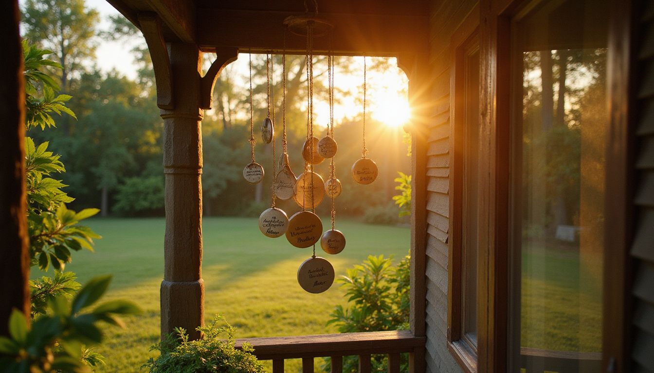 Custom pet memorial wind chimes hang in a serene garden. - Hanging wooden discs with writing on a porch during sunset.