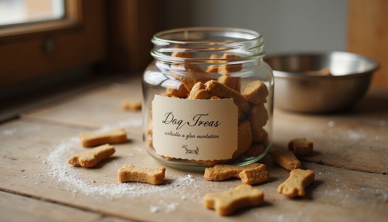A beautifully arranged dog treat jar on a rustic kitchen countertop. Homemade dog treat cookies in a glass jar labeled "Dog Treats" on a wooden surface.