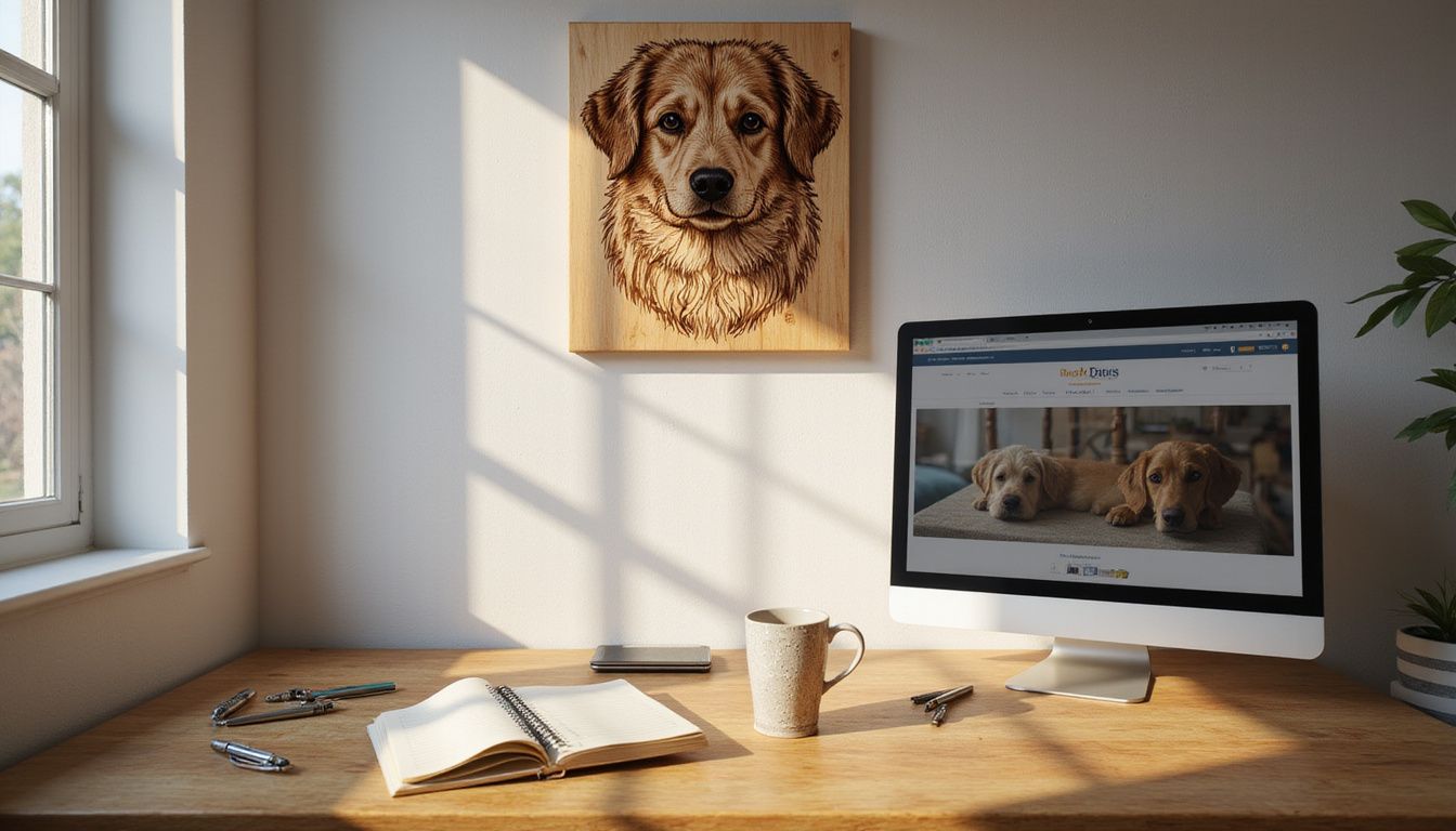 Cozy home office with personalized dog portrait and organized workspace. Golden retriever puppies on computer screen in a cozy home office with dog artwork; pet adoption, dogs, home office, cozy workspace, canine companionship.