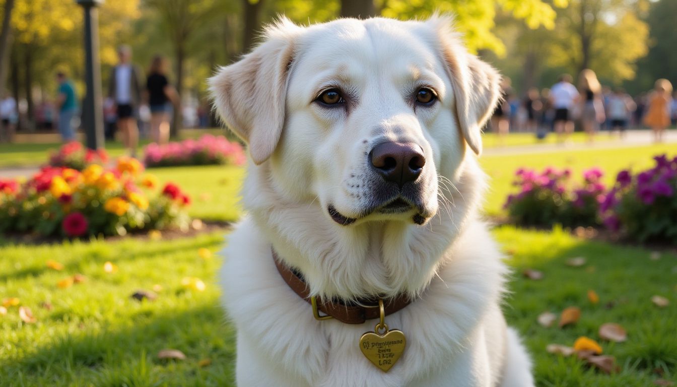 A fluffy white dog sits attentively in a vibrant dog park. Labrador Retriever dog sitting in a colorful park with blooming flowers and green trees, enjoying sunny day outdoors.
