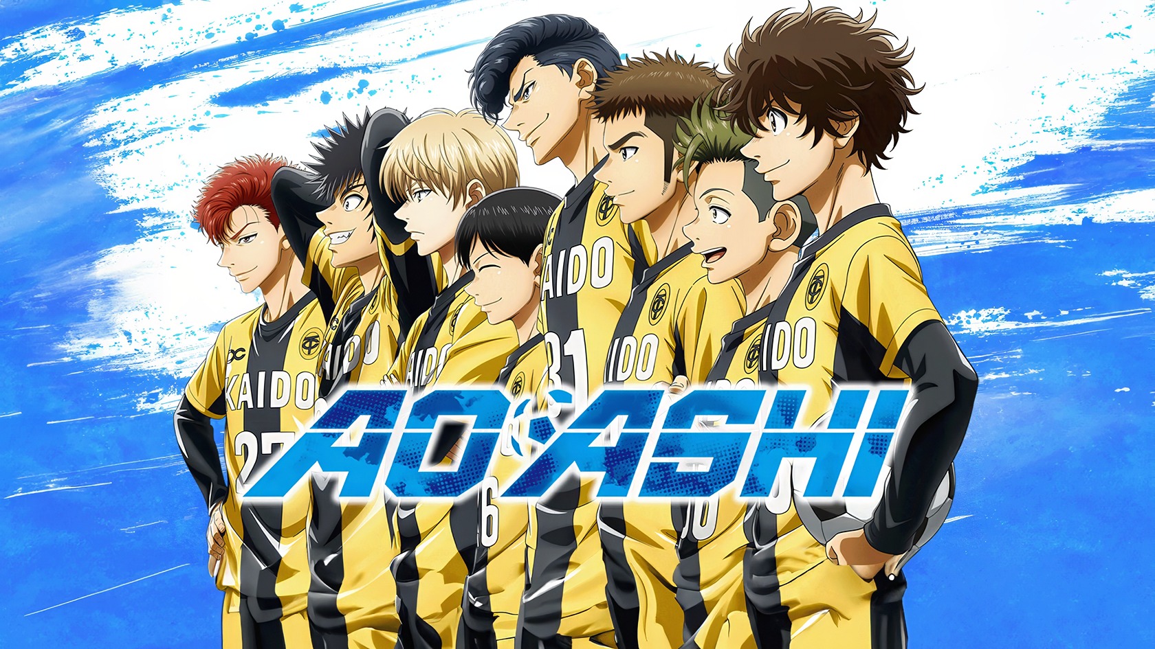 A vibrant anime illustration of teenage boys and girls intensely practicing soccer on a well-worn field. Vibrant anime-style illustration of volleyball players in yellow and black jerseys, standing confidently with environmental, dynamic background.