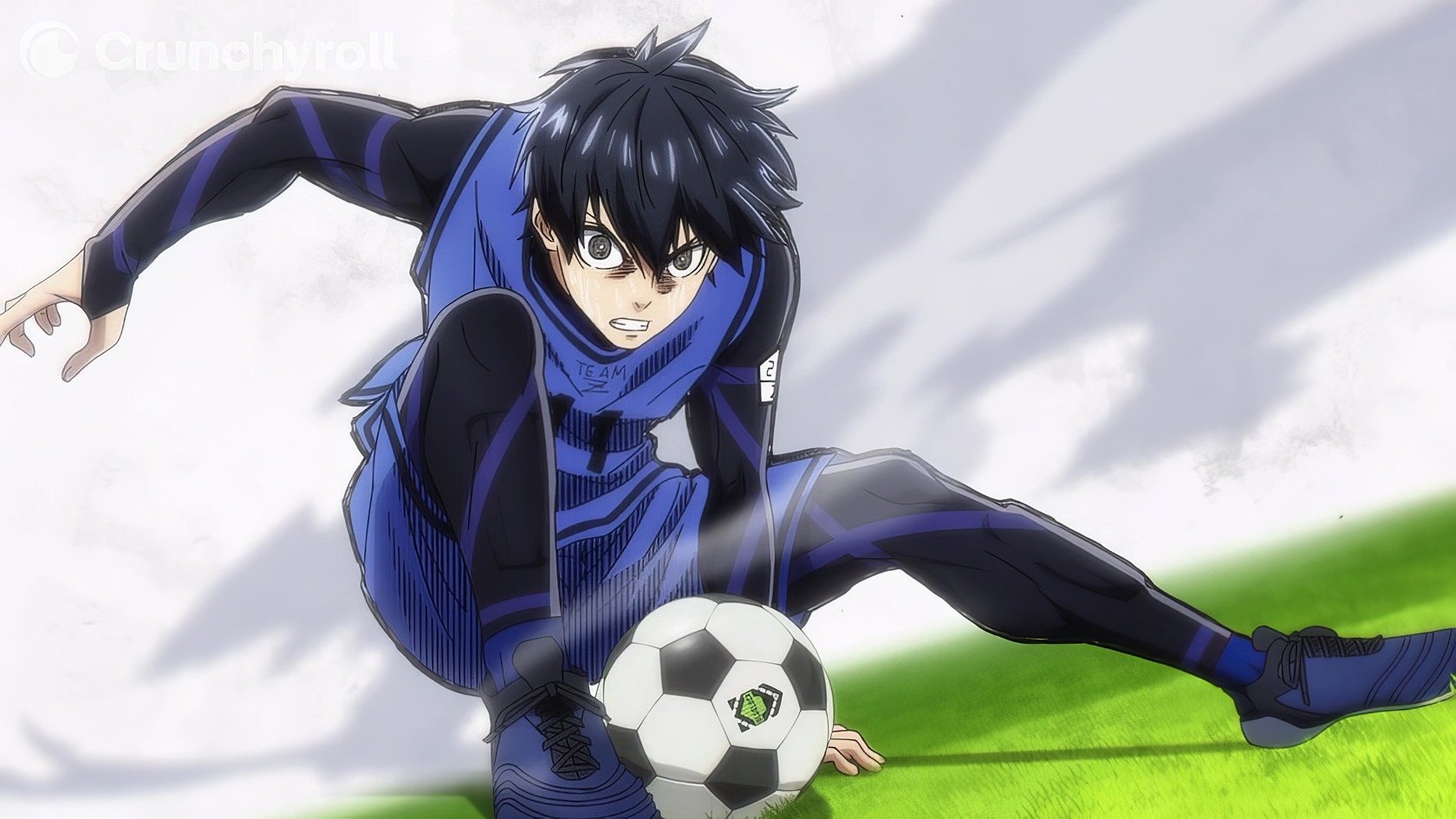 An abandoned soccer field with a lonely ball and broken goalpost evokes a sense of desolation and neglect. Dynamic anime soccer player in blue uniform making a save on a green field, emphasizing sports, athleticism, and competition.