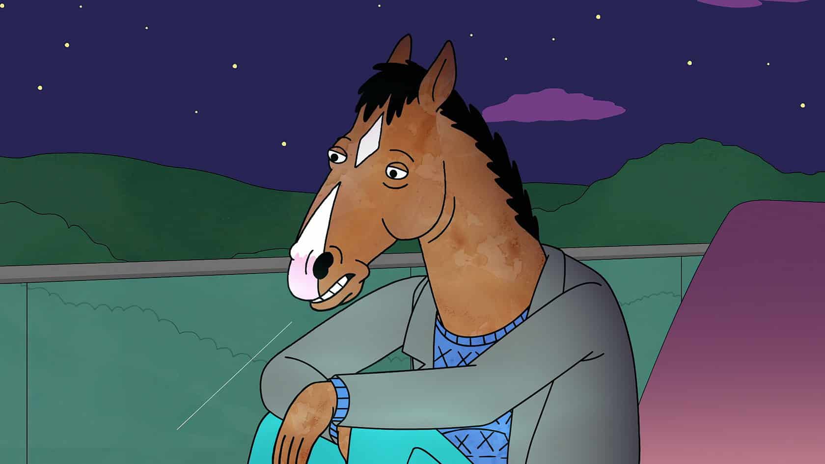 Depression in Cartoons: 12 Key Lessons from Eeyore to BoJack 6 A humanoid horse character sitting outdoors at night, using a laptop with mountains and stars in the background.