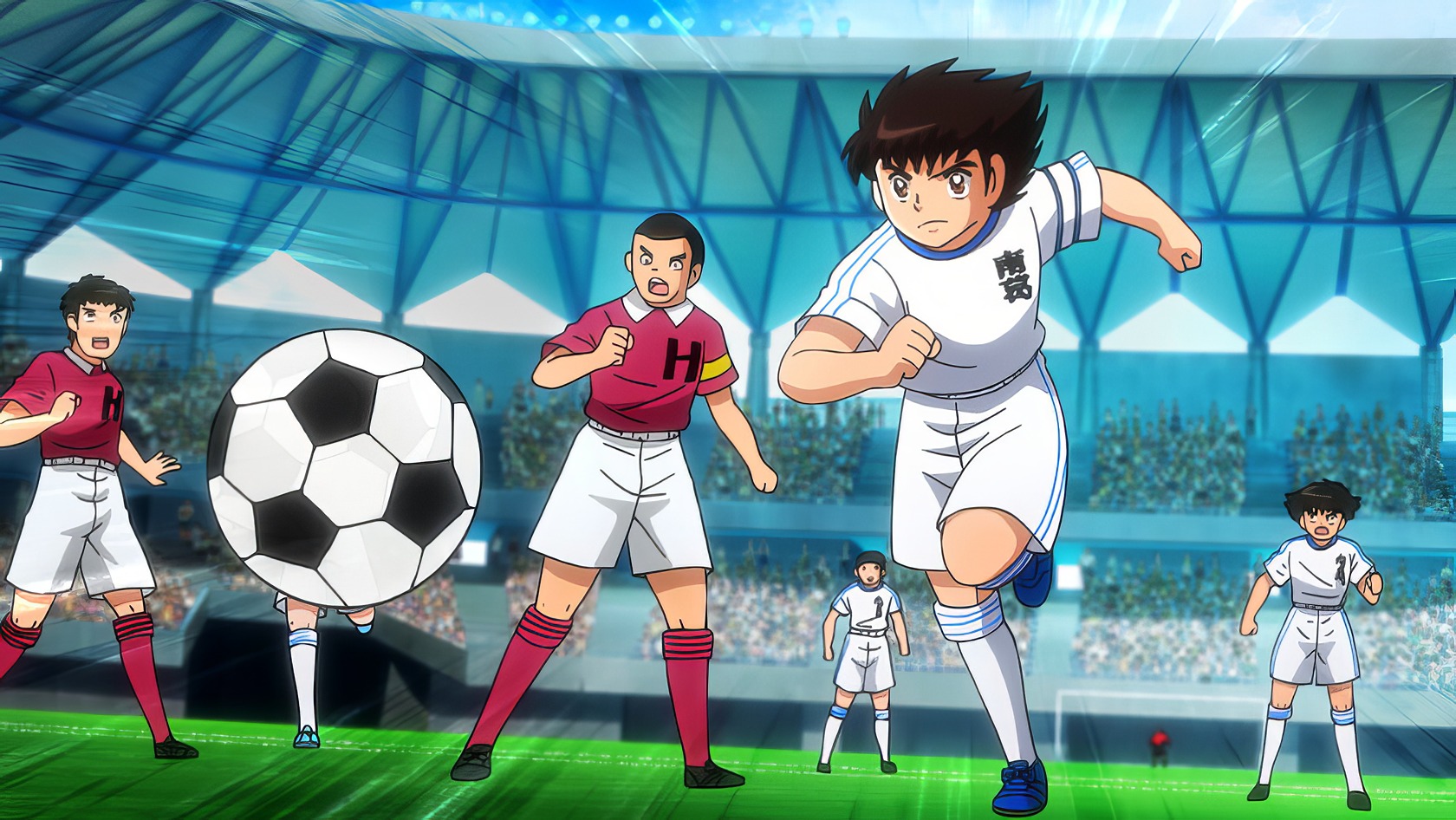 An 11-year-old boy in a yellow jersey skillfully dribbles a soccer ball on a muddy field with teammates. Dynamic anime soccer players racing towards the ball in a colorful stadium scene. Focused on action, competition, and sportsmanship in a vibrant anime style.