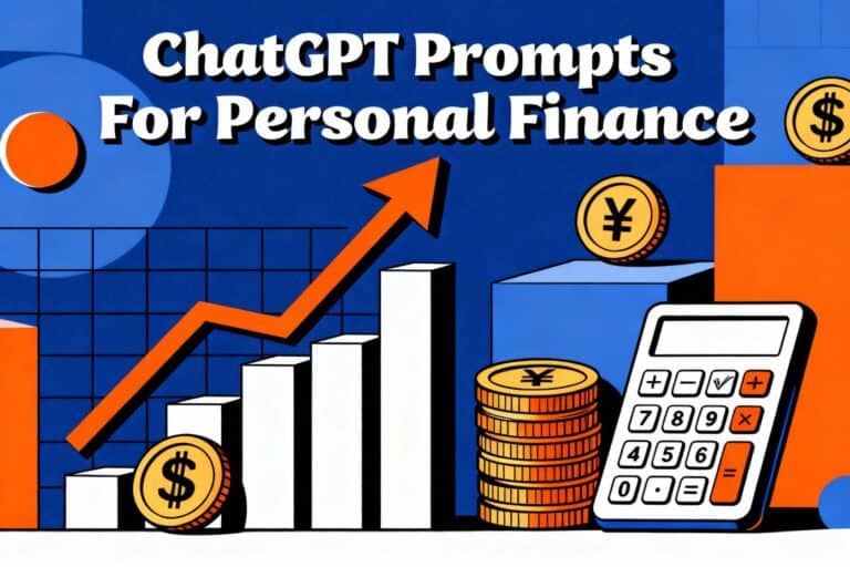 ChartGPT prompts for personal finance: colorful infographic with upward trending graph, coins with currency symbols, and calculator representing financial growth and management.