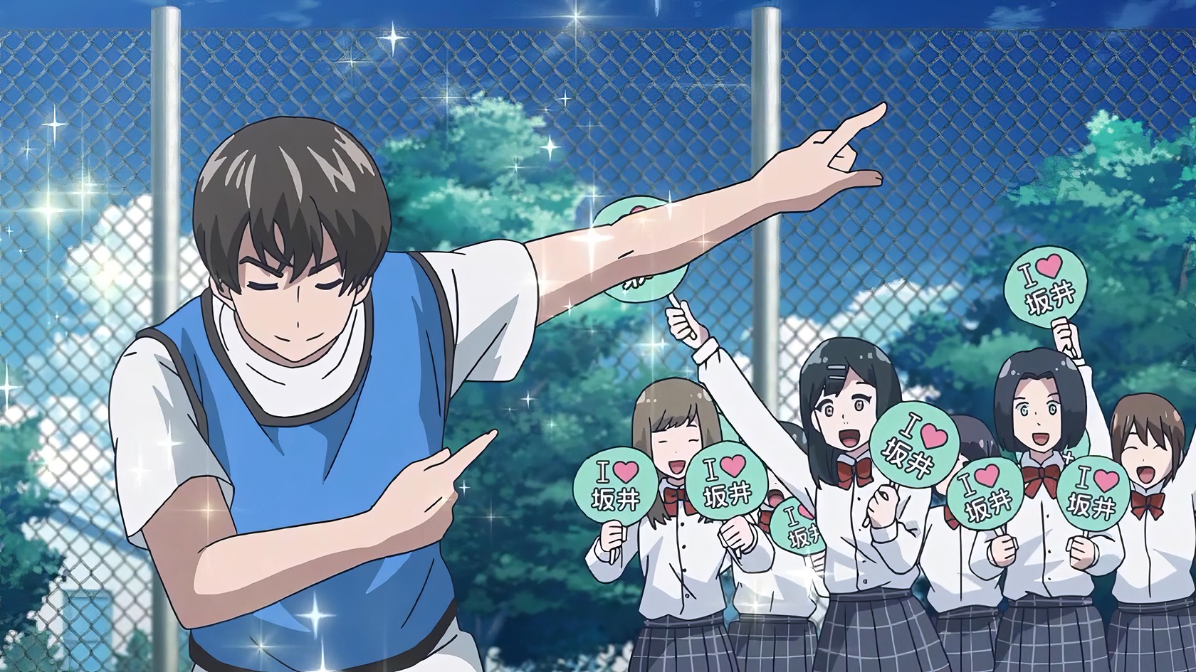 Anime About Soccer: 10 Winning Picks to Watch Now 6 Boy in sports uniform with outstretched arm at school sports day, surrounded by cheering female classmates holding signs with supportive messages.