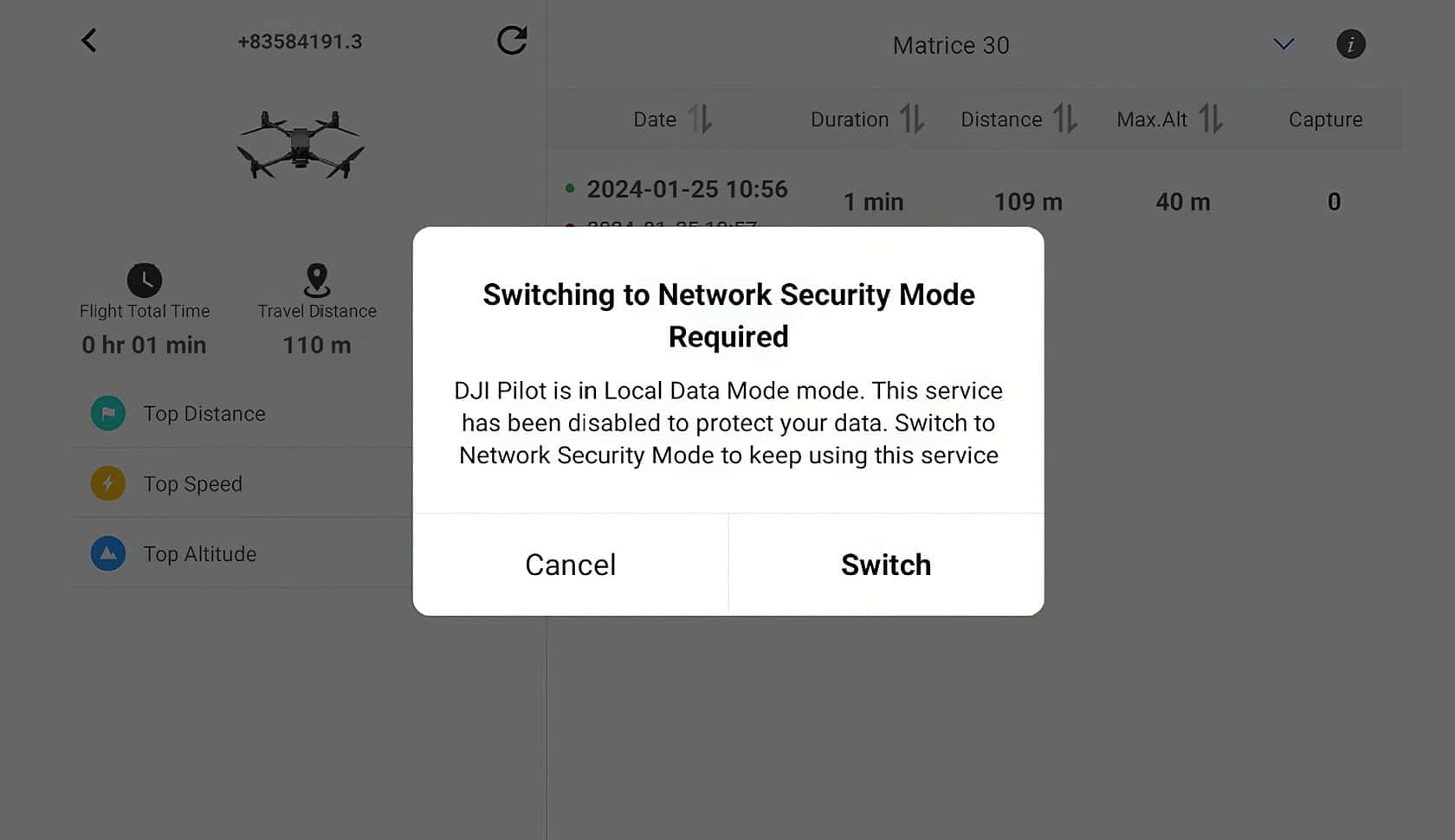 DJI Drone Privacy Mode: 7 Essential Controls to Secure Your Flight Data 2 Drone flying over landscape with GPS data overlay and network security mode prompt.