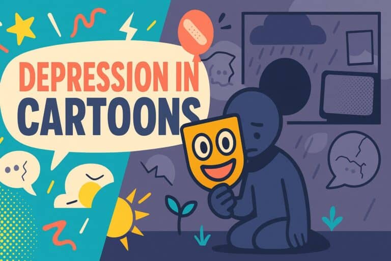 Hopelessness and sadness illustration representing depression in cartoons, with a person holding a mask, rain clouds, and emotional speech bubbles, emphasizing mental health awareness.