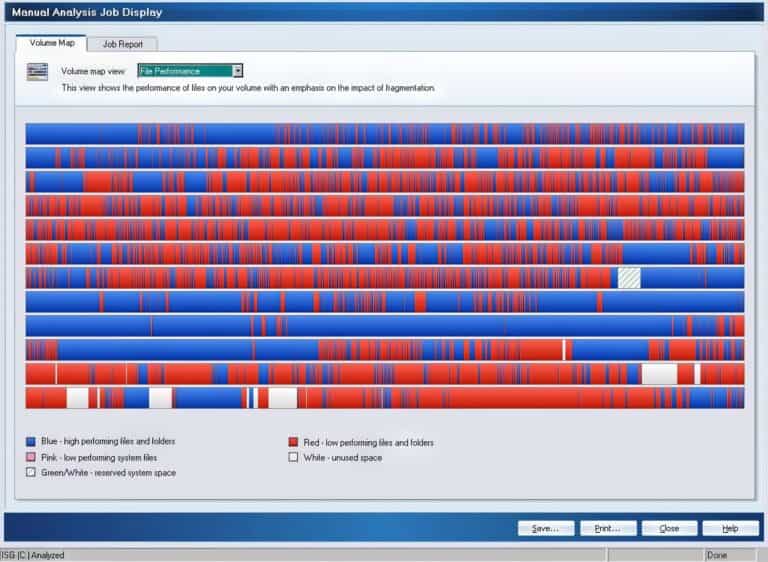 File performance analysis chart showing file fragmentation on a computer storage volume.