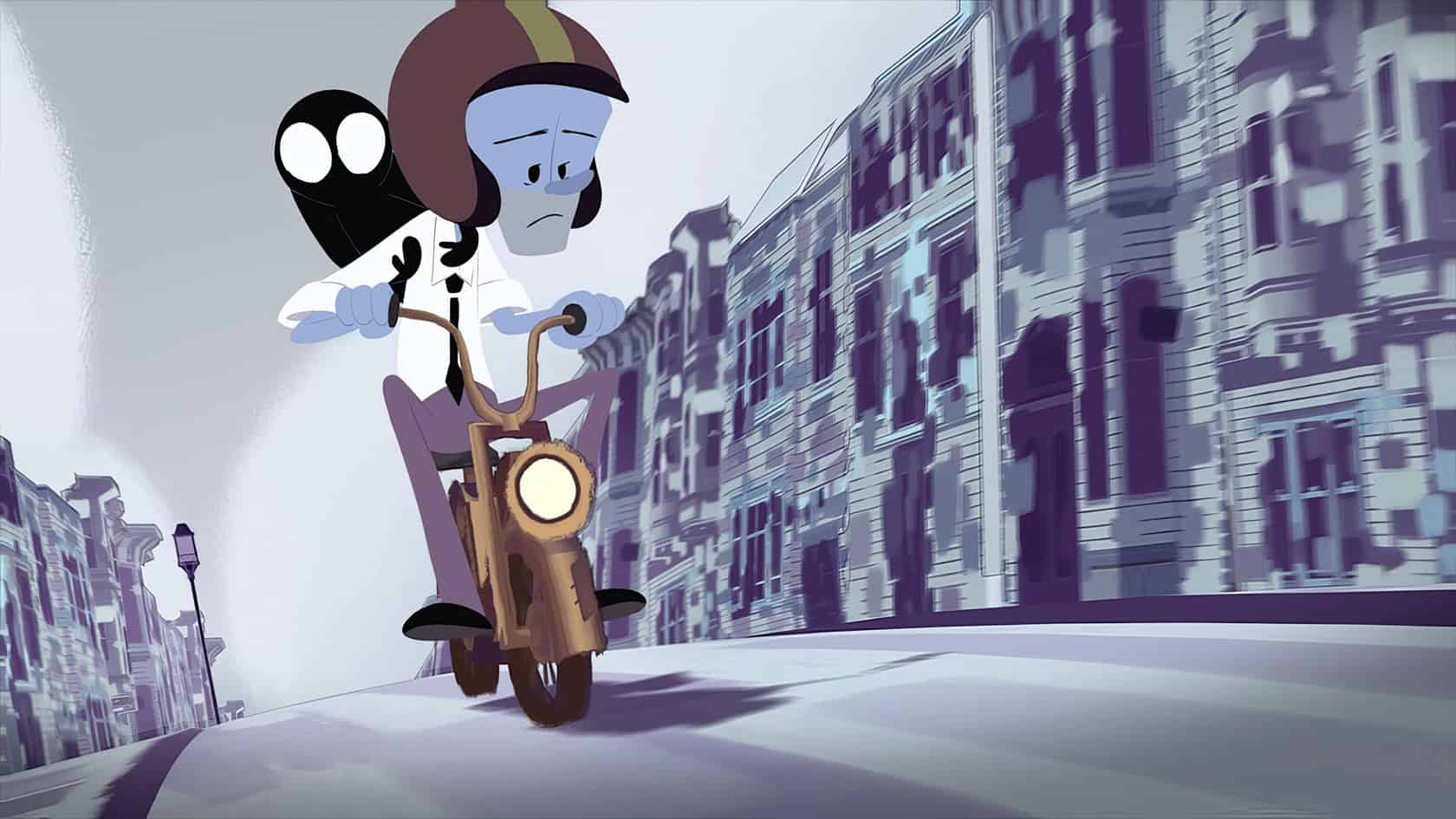 Depression in Cartoons: 12 Key Lessons from Eeyore to BoJack 9 A cartoon character riding a vintage motorbike down a city street, with a ghostly figure riding behind on a scooter, with a modern urban environment in the background, emphasizing a fun, adventurous vibe.