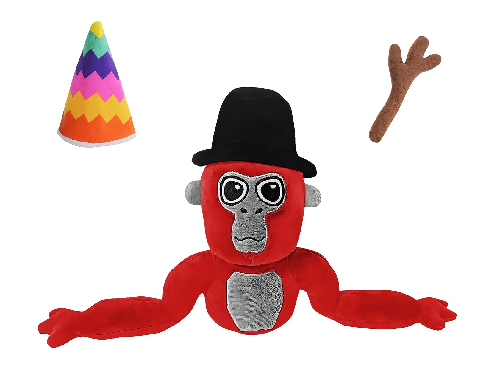 Gorilla Tag Plush: 7 Fan-Favorite Designs & Why Gamers Love Them 2 Colorful party hat, plush monkey costume, and wiffle ball bat toy for kids, featuring fun, vibrant, and playful designs perfect for celebrations and themed dress-up activities.