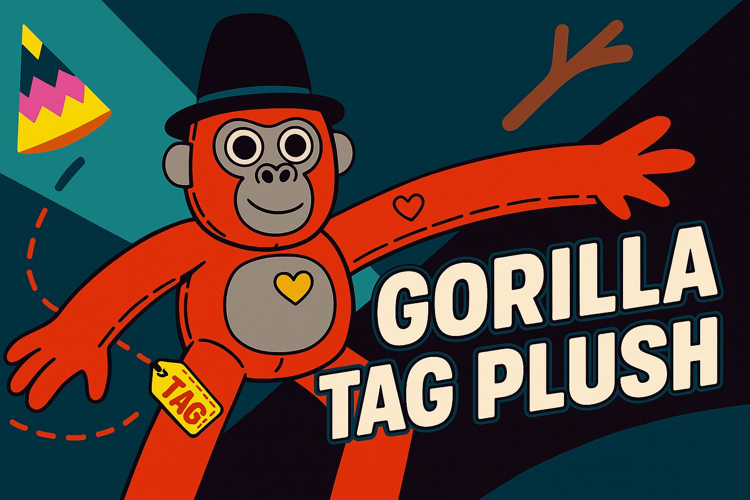 Gorilla Tag Plush: 7 Fan-Favorite Designs & Why Gamers Love Them 1 Cute cartoon gorilla plush toy with a tag, wearing a black top hat, humorous and colorful design, popular among collectors and children, with vibrant background elements.