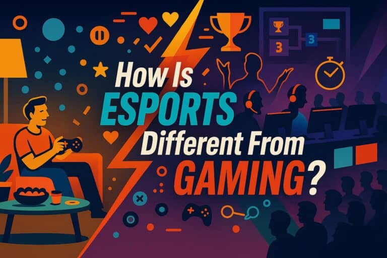 High-quality illustration of a gamer playing video games on a console, with vibrant graphics and gaming-related icons, emphasizing the theme of esports and gaming culture.