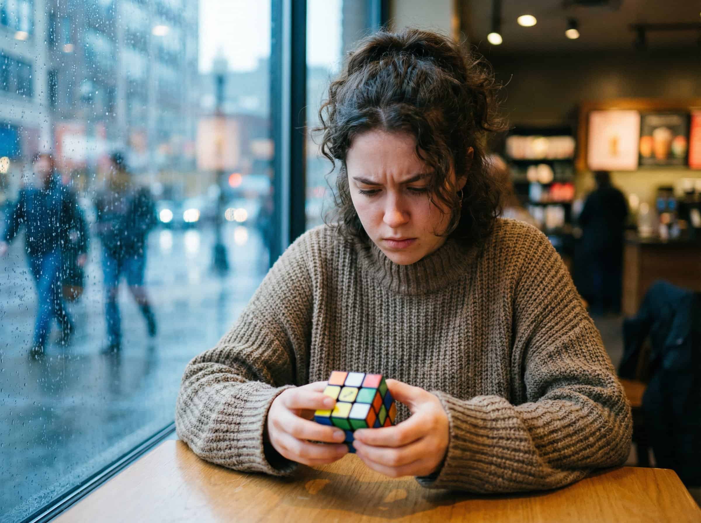 How Many People Can Solve A Rubik's Cube? 2 Young woman focused on Rubik's cube inside a coffee shop, rainy weather visible through the window.