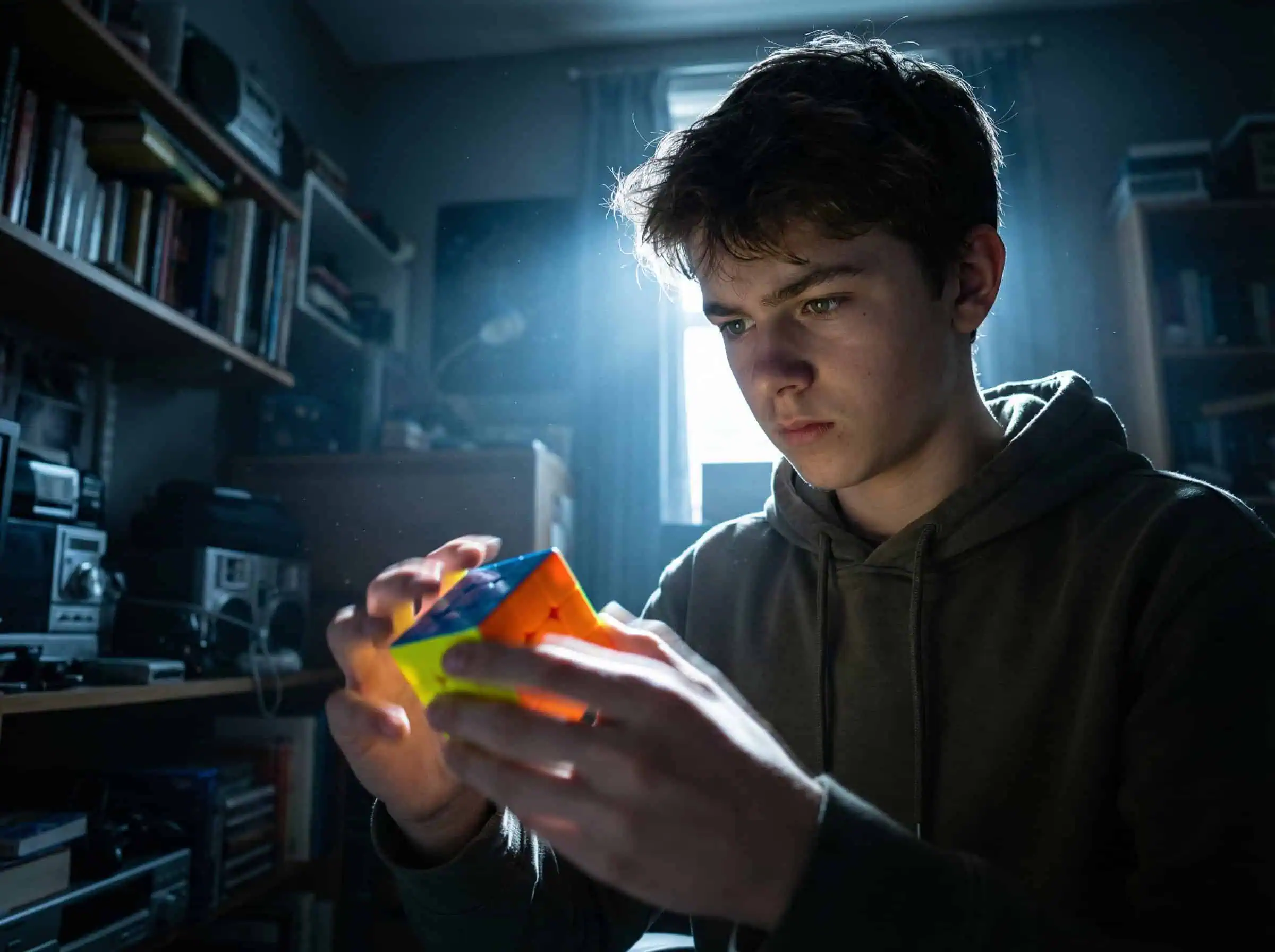 How Many People Can Solve A Rubik's Cube? 3 Young man concentrating on solving a colorful Rubik's Cube in a dimly lit room with shelves full of books and electronics, illuminated by natural sunlight streaming through the window, illustrating focus and curiosity.